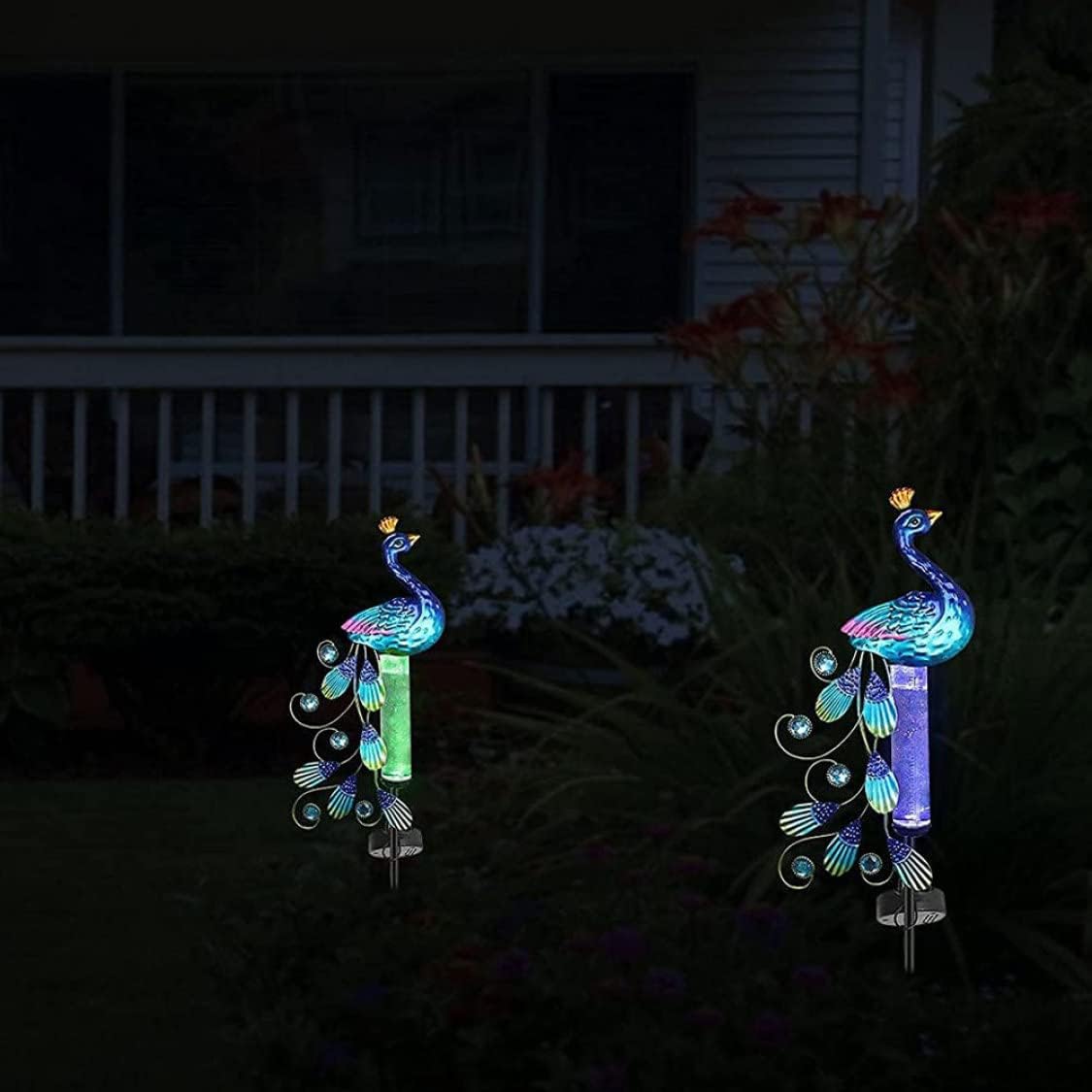 NIDONE Rain Gauge Light Solar Powered Metal Peacock Garden Stakes Waterproof Yard Decorations