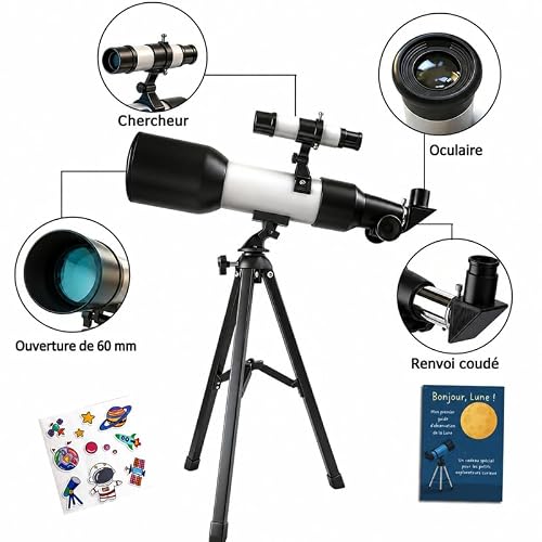Télescope pour Enfants 60 mm 90x avec Trépied, Télescope Débutant avec Lunette Chercheuse et Autocollant Astronaute, Cadeau STEM d’Astronomie pour Enfants 6–12 Ans – vue 7