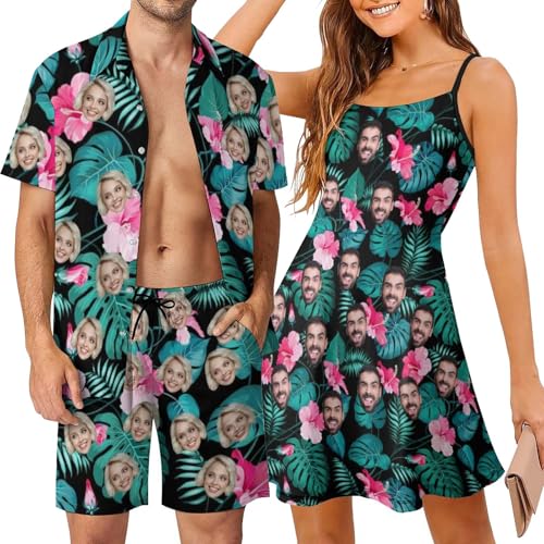 Custom Face Matching Couple Hawaiian Set Beach Dresses Outfit Personalized Shirt Shorts Slip Tropical Floral Sundress Swimsuit Cover Ups Sling Skirt Leopard