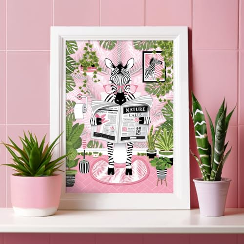 Parmaro Zebra on Toilet, A4 UNFRAMED Print, Animal on Toilet, Pink Botanical Print for Tropical Bathroom Decor - Image 2