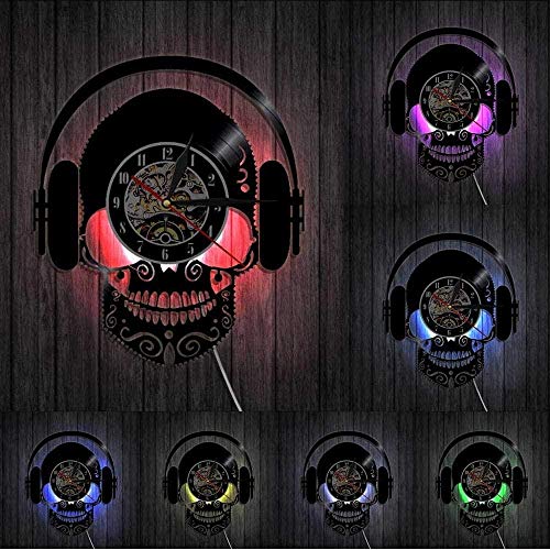 Vinyl Wanduhren Schädel Musik Kopfhörer Dj Wandkunst Scary Skull Tragen von Kopfhörern Home Decor Musikalischer Schädel Vinyl Schallplatte