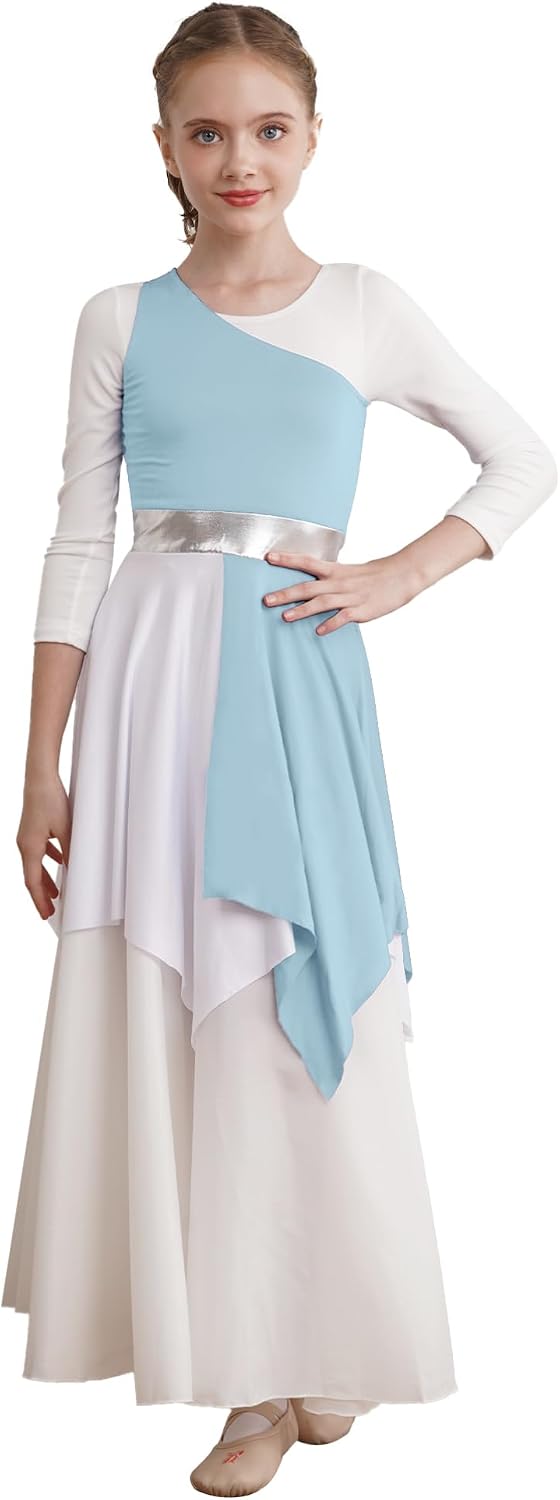Aislor Kids Girls One Shoulder Praise Dance Dress Lyrical Modern Dance Dress Tunic Liturgical Worship Costume Dancewear