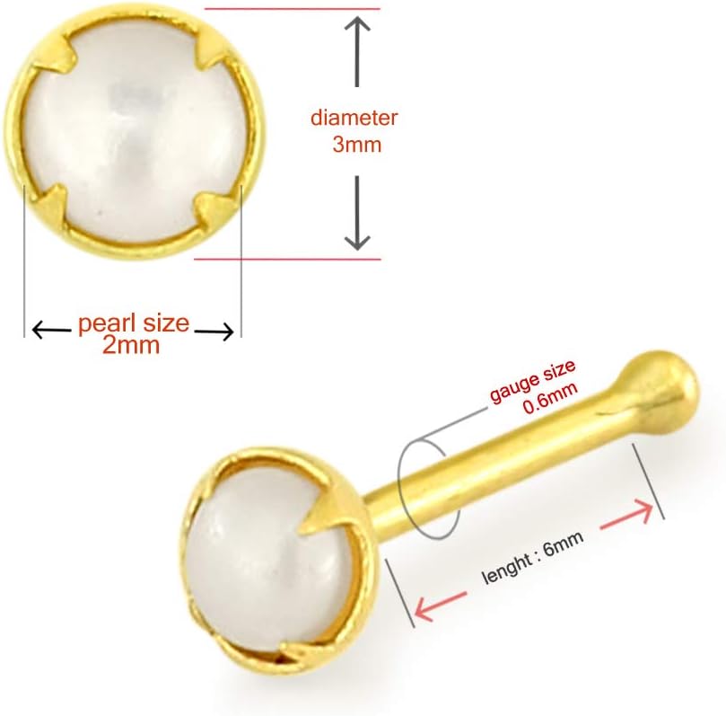 9K Solid Yellow Gold Claw Set Pearl Ball Top 22 Gauge Ball End Nose Pin - Nose Bone Stud - Tiny Nose Ring - Gold Nose Piercing Body Jewelry