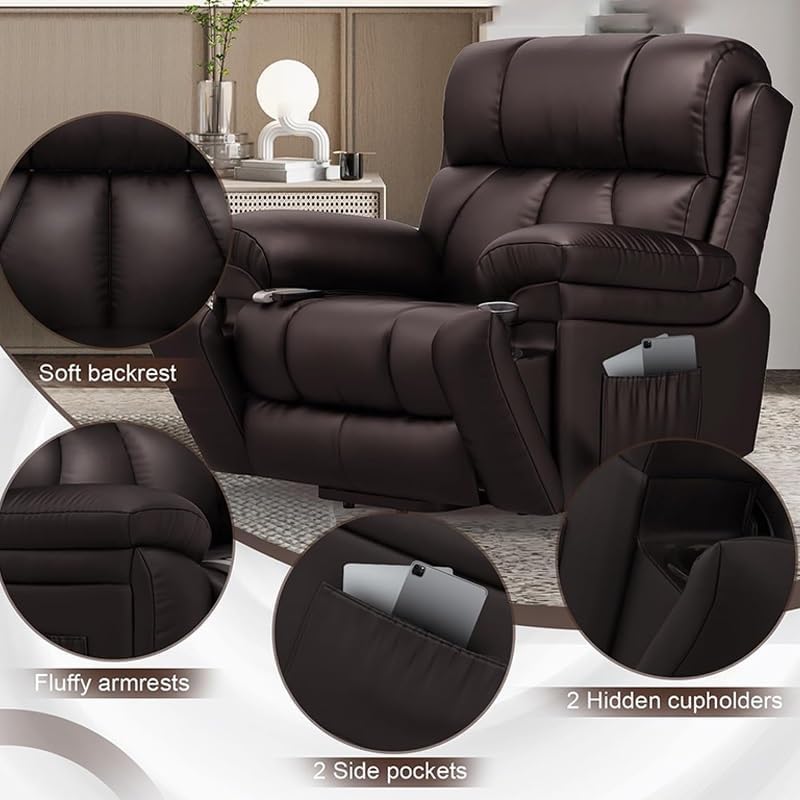 Recliner Sofa with Power Lift for Elderly, Massage and Heat, Oversized Genuine Leather Chair with Remote Control, USB Charging Ports, Cup Holders, and Side Pocket Design