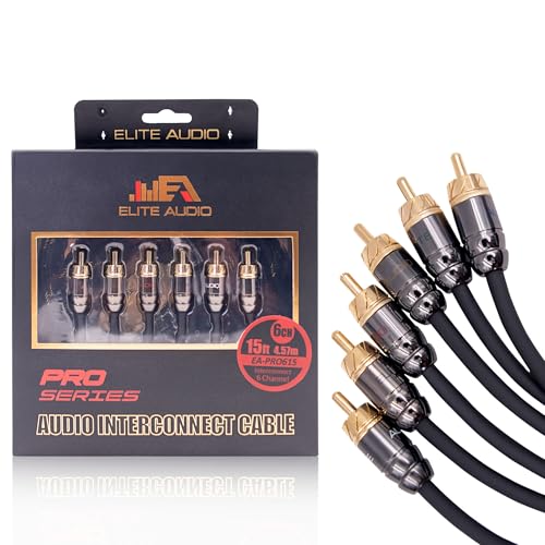 Elite Audio PRO 100% OFC Copper 6 Channel 15 ft RCA Audio Interconnect Stereo Cable with Triple-Shielded Armor, Quad Clamp Brass Copper Connectors & Copper Lead Drain Wire for Best Noise Cancellation