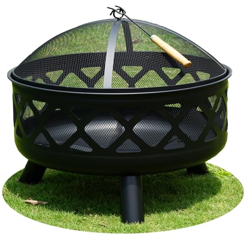Gr8 Garden Round Fire Pit Bowl Black 24 inch Large Outdoor Garden Patio Mesh Cover And Poker Camping Wood Log Heater Steel Charcoal Burner