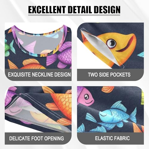 Pajama Short Sets Colorful Fish on Black Soft Cotton Summer Sleepwear 2 Piece PJS Size 5-14T3