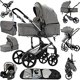 Reenborn Carrito Bebe 3 en 1, Carro Bebe con Dos Modos de Empuje Reversibles, Cochecito 3 Piezas con Marco de Aluminio, Carricoche con Diseño Plegable con Un Solo Clic (588 Grey)