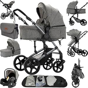 Reenborn Kinderwagen 3 in 1, Buggy mit Zwei Umkehrbaren Schiebemodi, Kinderwagen mit Rahmen Aluminiumlegierung, Kombikinderwagen 3 in 1 Komplettset Ein-Klick-Faltdesign (588 Grey)