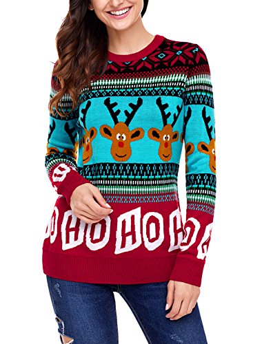 Sidefeel Women Knited Holiday Pullover Christmas Cute Reindeer Sweater Large Burgundy