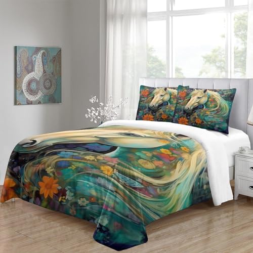 Housse de couette fleurs et chevaux avec taies microfibre 220x240