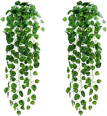 Otryad 2PCS Artificial Hanging Plants 2.7FT 9 Branches Fake Ivy Vine, Fake Watermelon Leaves for Wall Home Room Garden Wedding Garland Outside Decoration