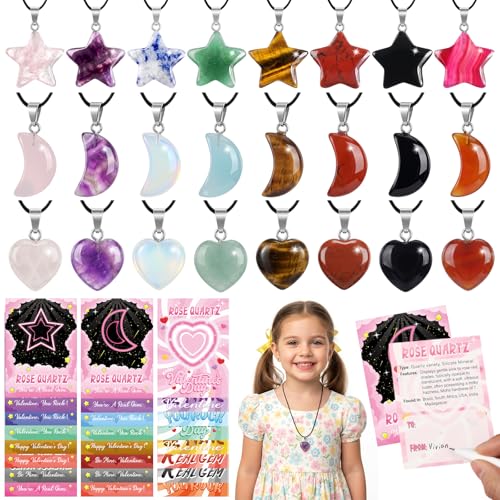 Kigeli Valentines Day Gifts for Kids, 24 Pack Heart Gemstone Necklace Kit, Natural Crystal Pendants DIY Jewelry Set for School Classroom Exchange, Goodie Bags, Valentine Party Favors(Romantic)