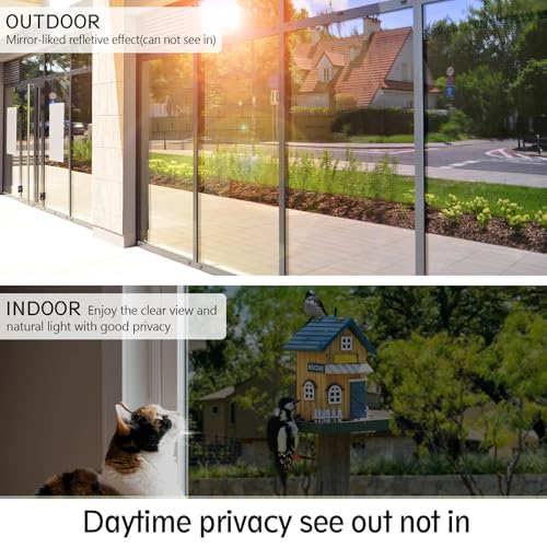 LOHOMEVE One Way Privacy Window Film See Out Not in, Reflective Sun Blocking Anti UV Heat Control Mirror Film, Static Cling Daytime Privacy Window Tint for Home, Black Silver, 45.2 in × 6.5 Feet