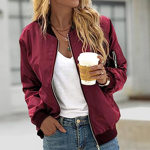 Women's Zip Up Bomber Jacket Casual Long Sleeve Spring Zipper Coat Lightweight Solid Outerwear Windbreaker with Pockets3