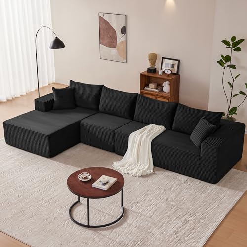 Image of Mangodan 140 inch Cloud Sectional Couch, Modular Sectional Sofa with Deep Seat, Boneless Sofa for Living Room, Fluffy Comfy L-Shaped Couch with Left Facing Chaise, No Assembly Required, Black