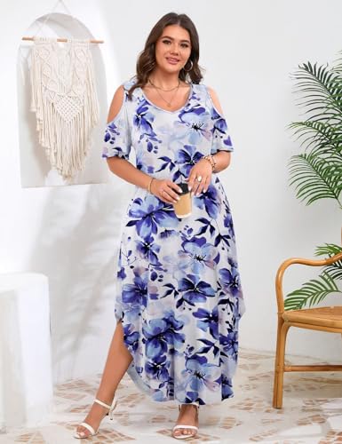 Image of JollieLovin Womens Plus Size Casual Summer Maxi Long Dress Cold Shoulder V Neck Beach Sundresses