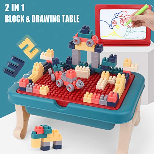 BETTINA 2 in 1 Block Activity Table & Magnetic Drawing Boards with 102 Pcs Blocks, Building Toys & Doodle Board for Kids (Blue)