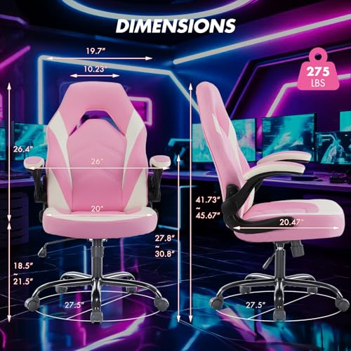 Image of Sweetcrispy Computer Video Game Desk Chair - Ergonomic Comfy Lumbar Support, PU Leather with Flip-up Armrest, Height Adjustable and 360Swivel, for Adults, White Pink