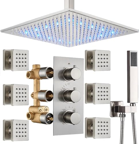 Système de douche LED 16 pouces avec ciel de pluie haute pression et jets massants
