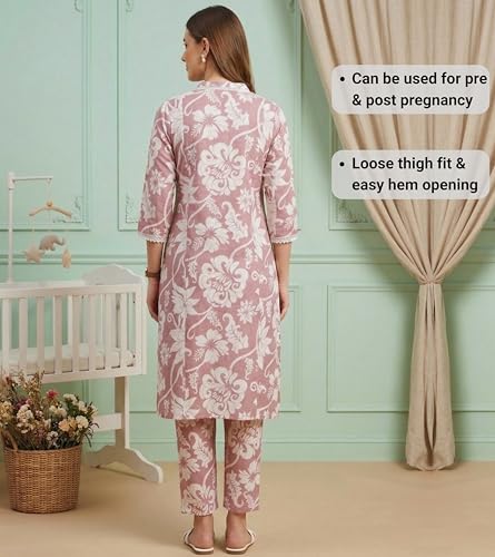 Image of DUMMY SHAPE Maternity Dresses for Women Cotton | Floral Kurta Pant Dupatta Set with Nursing Zippers, Side Pocket | Pre & Post Pregnancy | Feeding Kurti Suit | Baby Shower | Gifts for Pregnant Woman
