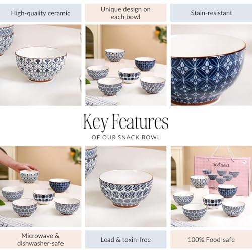 Image of Nestasia Ceramic Snack Bowls Set of 6 (350 ml Each) | Geometric & Floral Pattern Bowls for Serving Noodles, Ramen, or Soups | Microwave & Dishwasher Safe - Perfect for Gifting (Blue & White)