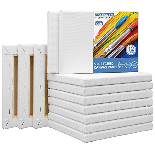 Image of FIXSMITH Stretched White Blank Canvas- 5x7 Inch,Bulk Pack of 12,Primed,100% Cotton,5 /8 Inch Profile of Super Value Pack for Acrylics,Oils & Other Painting Media.