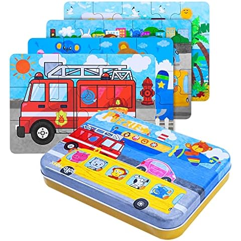 BBLIKE Jigsaw Wooden Puzzles Toy in a Box for Kids, Pack of 4 with Varying Degree of Difficulty Educational Learning Tool Best Birthday Present for Boys Girls (Transportation Series) Cover