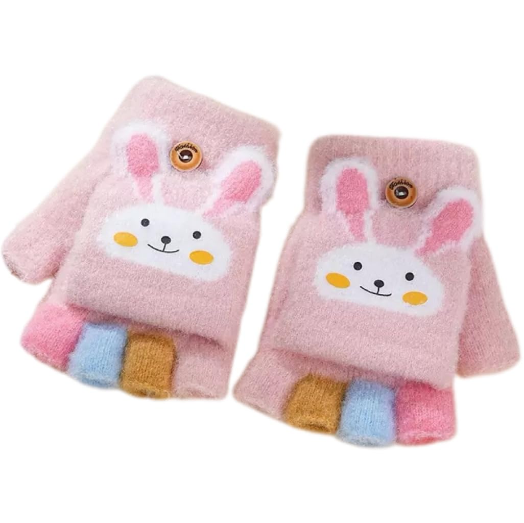 X Trade Boys Rabbit Fingerless Flap Cover Gloves Dinosaur Winter Knit Warm Mittens Soft Lined Fleece Thermal Outdoor Half Finger Gloves With Cover Convertible Flip Top For Kids Girls (Rabbit)