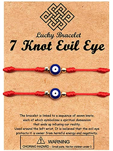 Upgraded 2pcs 7 Knots Evil Eye Bracelet Adjustable Lucky Red String Bracelet Set Protection Friendship Wish Bracelets for Women Men Boy Girl Him Her BFF Friend Gifts with Message Card