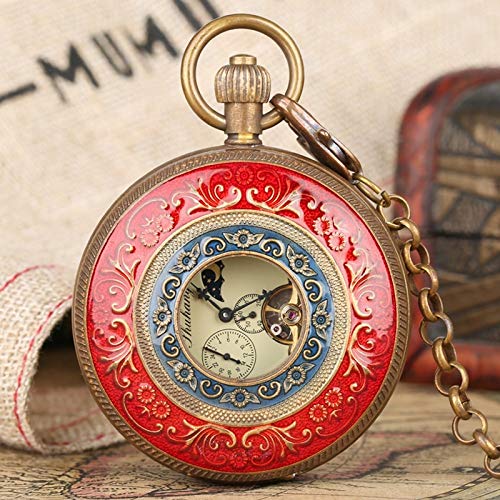 Pure Copper Red And Blue Cover Retro Large Tourbillon Mechanical Pocket Watch Chain Retro Fashion Fob Hand Winding Double Hunter #TOP3