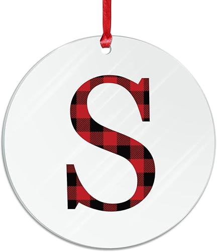 Miniatura 2 de Monograma personalizado con letra S con inicial, regalos de recuerdo de Navidad, decoración acrílica para árbol de Navidad, a cuadros, rojo y negro,