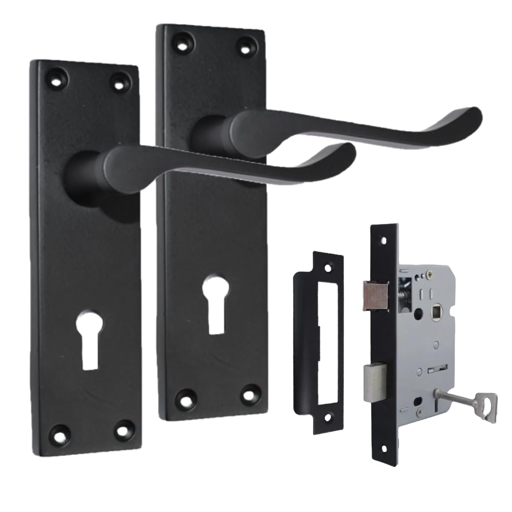 Epsom Door Handle Victorian Scroll Matt Black Lock Set – Backplate Design 150mm x 42mm – Includes 3-Lever Mortice Sash Mechanism – 6 Pairs