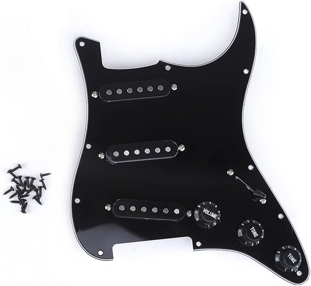 Musiclily Basic SSS Prewired Loaded Pickguard Scratch Plate with Alnico V Pickups Set for Strat ST Electric Guitar Replacement Parts,3Ply Black