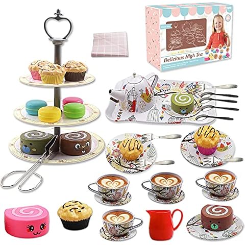 Jsvacva Tea Party Set for Children,44 Piece Tea Set with Dessert, Cookies, Doughnut, Teapot Tray Cake, Tablecloth & Carrying Box, Kitchen Pretend Play Tea Set Toys Gift for Kids Girls Age 3+ Cover
