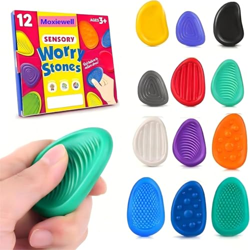 12 Pièces Fidget Toys Pierre Sensorielle, Fidget Toys Sensory Stone en Silicone, Jouets Apaisants pour Enfants Pierres préoccupation Colorées et Texturées...