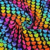 Textrend, tessuto di cotone a metro, 100% cotone, tessuti 1x1,6m, morbido, patchwork, per bambini, mix di motivi (Cuori colorati su sfondo nero)