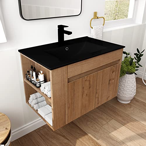Goujxcy 30" Wall Mounted Bathroom Vanity With Sink, Modern Floating Bathroom Cabinet With Black Ceramic Basin And Storage Cabinet/Shelf, Soft-Closing Door Wood Hanging Bathroom Cabinet #TOP17
