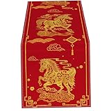 AZIDWERYQ Chinesische Neujahrsdekorationen, asiatische Elegante Wolkenpferde, rote Tischläufer, Mondjahr des Pferdes 2026, für Esszimmer, Zuhause, Party, 33 x 183 cm, Neujahrsdekorationen 2026