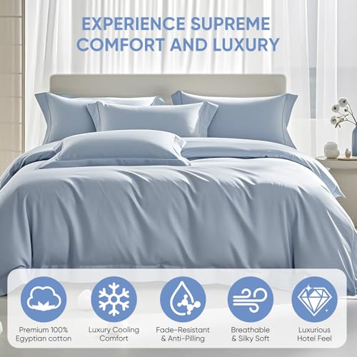 Image of TWK 100% Egyptian Cotton 1200 Thread Count Bedding Set, Generous Thickness, Long-Lasting Wear Resistance, Pilling Proof, Deep Pockets Fit Up to 18 inch (French Blue, Full)