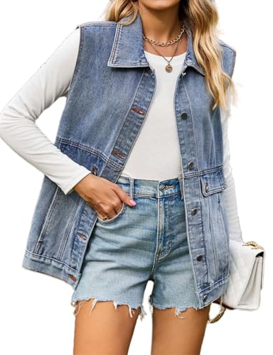 Women's Vintage Denim Vest Summer Trendy Casual Button Down Sleeveless Jean Jacket Waistcoat Vests