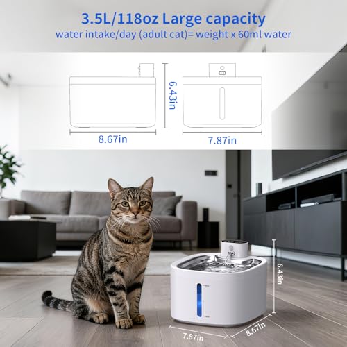 Cat Water Fountain Wireless: 118oz/3.5L Battery Operated Pet Water Fountain for Cats Indoor with Motion Sensor, Quiet Automatic Fountain with Stainless Steel Tray(2Filters) by Jaojcoe - Used condition - Image 6
