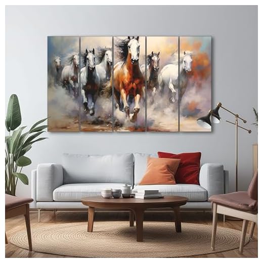 The Castle Decor 7 Horses Wall Painting for Living Room Big Size - 7 Running Horses Painting Vastu for Bedroom, Office, Hotel - Wall Decor Digital Painting Wooden Framed for Gifting (27x48 inch)