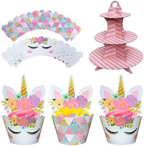 Coco & Ella Unicorn Party Cupcake Toppers Wrappers - Birthday Baby Shower Party Cake Decorations 24 Pcs Set + 3 Tier Cupcake Dessert Tower Stand