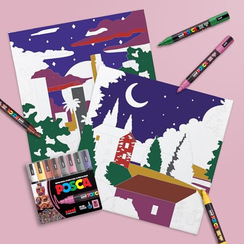 Image of POSCA Canvas Paint by Number Kit, Night City Skies - 8 Acrylic Markers with 2 Pre-Drawn Canvases - Gift Set for Artists, Adults and Kids