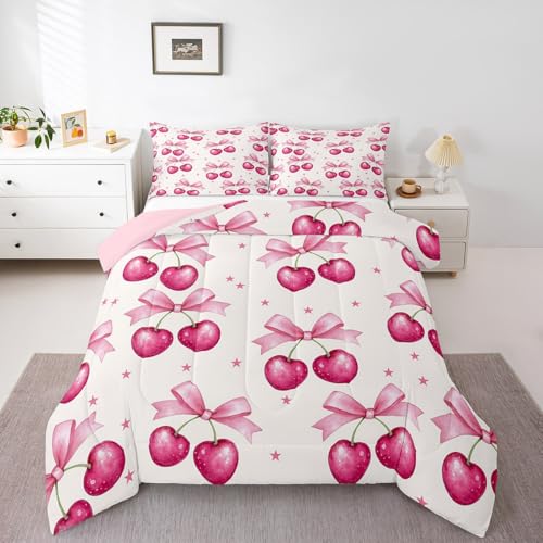 Feelyou Pink Girls Bow Bedding Set Boys Girls King Size Bow Comforter Set for Kids Women Men Ultra Soft Kawaii Cherry Prints Comforter Cute Bowknot Duvet Set Room Decor Lovely Quilt Set