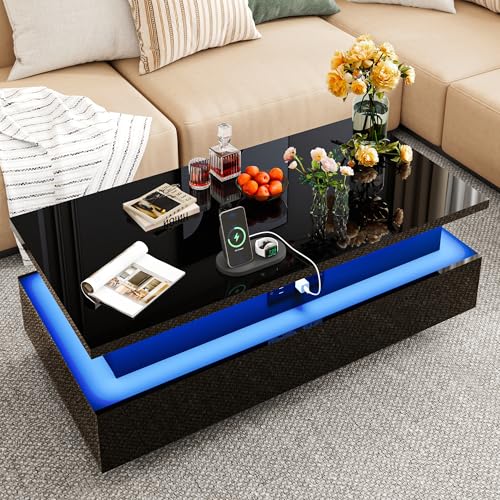 43 High-Glossy Lift-top LED Coffee Table with 2 Sliding Drawers, Living Room Storage Coffee Tables, Modern Stylish Double-Layer Center Tables with LED Lights,Black