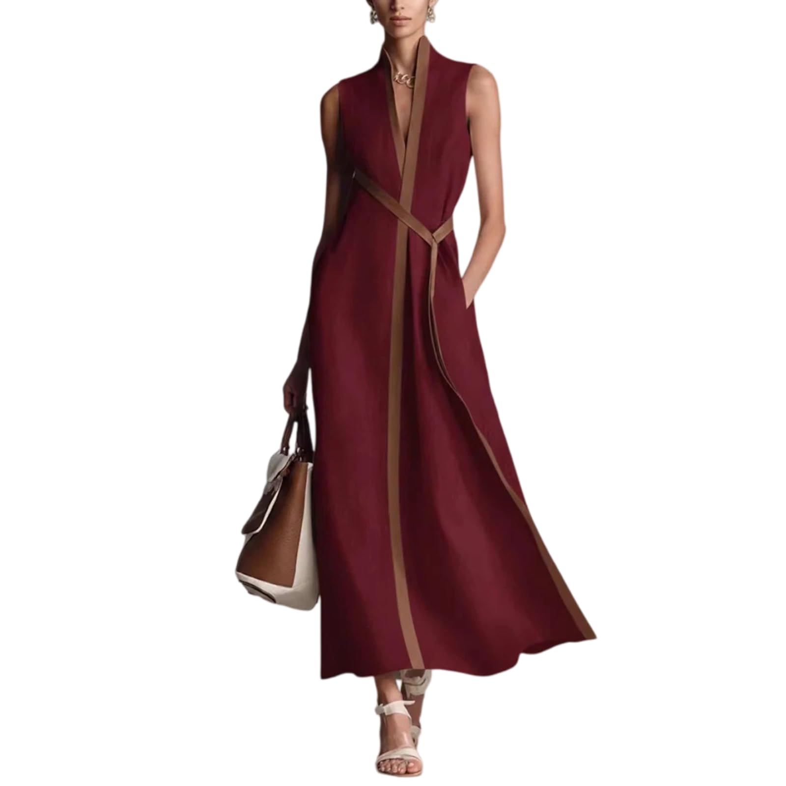 Primavera y Verano V Cintura sin Mangas y Suelta Temperamento Vestido de Moda para Ropa Femenina