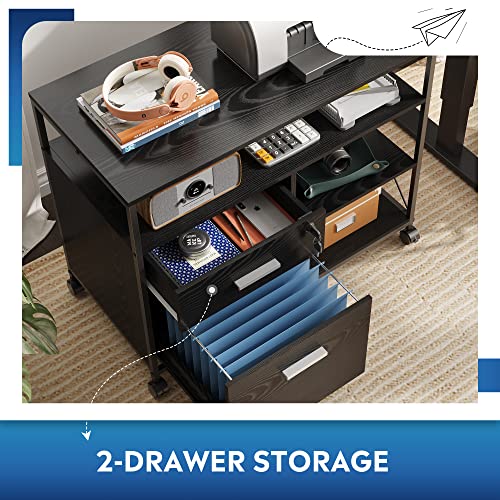 Devaise 2 Drawer Wood File Cabinet With Lock, Mobile Printer Stand With Open Storage Shelf, Lateral Filing Cabinet Fits A4 Or Letter Size For Home Office, Black #TOP3