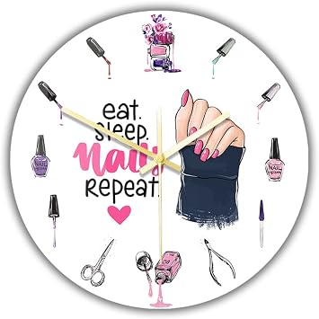 Geek Alerts Eat Sleep Nails Repeat Trilogy Art Printed Wall Clock Makeup Nail Polish Manicure Tools 12inch Silent Non Ticking Watch Battery Operated Quartz for Beauty Salon Studio Decor